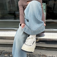 Jean large taille haute en polyester délavé pour filles, coupe ample, collection Printemps-Automne 2026, nouveau modèle tendance décontracté pour jeunes adolescentes