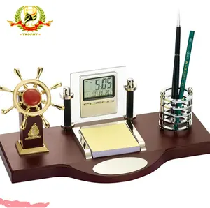 Relógio de mesa digital, decoração de escritório com suporte de caneta artesanal