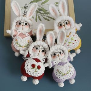 Cute Crochet Rabbit Keychain 13cm Handcrafted Bunny <b>Doll</b> with Glasses Embroidered Floral Apron Bag <b>Accessory</b> Handmade Toy - Product Image 1