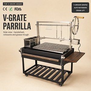 Parrilla argentine V-Grate avec rôtissoire automatique et bac à graisse, cadre de levage en acier inoxydable, foyer en briques réfractaires, taille personnalisée - Product Image 1