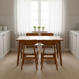 Elegante Juego de Muebles de Comedor de Madera de Teca con Sillas Laterales Tapizadas y Mesa Rectangular para Villa, Cafetería y Espacio de Comedor - Product Image 1