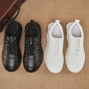 Genuine Leather Chunky Sneakers <b>Round</b> <b>Toe</b> Low <b>Heel</b> Breathable Mesh Lining Rubber Outsole Men's Walking Shoes - Product Image 3