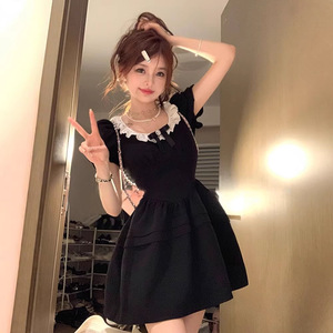 French Little Black Dress Square Neck Lace Trim Bow Puff Sleeve Slim Waist Short Skirt Women Vintage Breathable Leisure Dress - Product Image 2