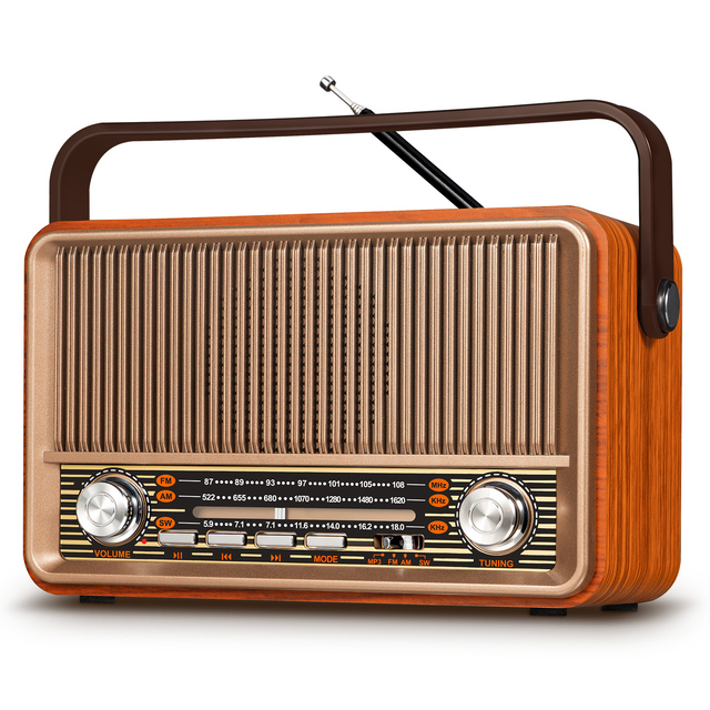 Radio Portable AM FM Plug in Wall Rechargeable Battery Wireless Speaker with AUX TF USB Playing Transistor Radio Retro Vintage