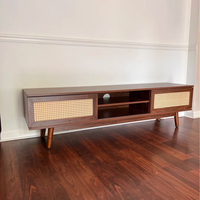 Meuble TV en rotin sur mesure de style Mid-Century, console multimédia moderne en bois, meuble de salon, centre de divertissement, armoire OEM ODM