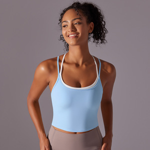 Wholesale Women Contrast Color Criss Cross <b>Back</b> Sports Tank <b>Top</b> Quick Dry Stretch Removable Chest Pad Fitness Yoga Crop Vest - Product Image 1