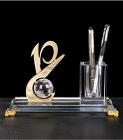 Ensemble de papeterie de bureau en cristal personnalisé, trophée en métal avec numéro et porte-stylo en cristal