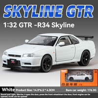 JLF GTR-R34 Skyline 1:32 Coche de juguete de aleación fundida a presión con sonido y luz, modelo de metal con retroceso, adorno para coche, puertas que se abren, decoración todoterreno