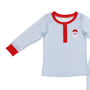 Wholesale Boutique Cute Kids <b>Outfits</b> Little Boy Long Sleeve sets Blue stripe <b>Christmas</b> santa Applique Fall Clothing Set - Product Image 2