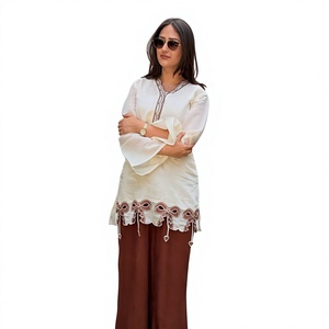 Ensemble Kurta brodé marron avec pantalon Palazzo, tenue décontractée traditionnelle indienne et pakistanaise pour femmes, coupe ample, en coton, pour le printemps - Product Image 1