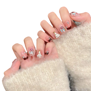 Art des ongles artisanal de Noël français - Ongles courts à couverture complète, motif étoile à quatre branches, application sur les doigts, vente en gros - Product Image 1