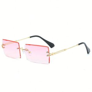 Lunettes de soleil rétro sans monture personnalisées avec logo, verres dégradés roses UV400, petites lunettes rectangulaires pour hommes et femmes - Product Image 3