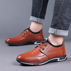 Chaussures décontractées en cuir à lacets pour hommes, bout rond, dessus en cuir véritable, semelle extérieure en caoutchouc, confortables, mode automne, chaussures bateau - Product Image 2