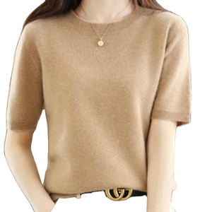 Camisetas lisas de moda de manga corta de verano para mujer, cuello redondo, jersey de mezcla de algodón y lana ajustado, camiseta, suéter básico de punto - Product Image 1