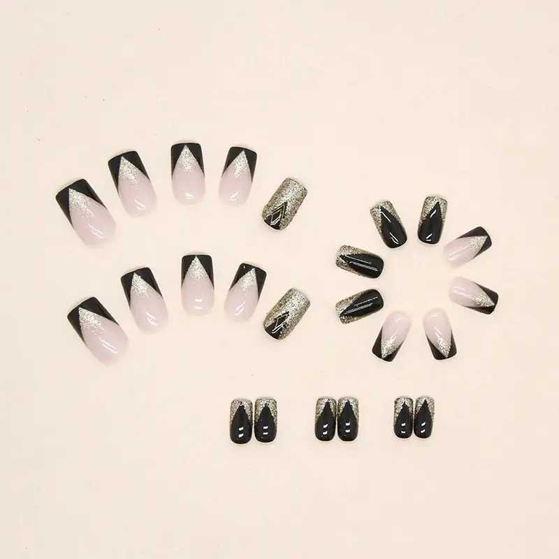 Franse Tip Pers Op Nagels Zwart Goud Medium Vierkante Nagels Glitter Kunstnagels Volledige Cover Glossy Manicure Voor Vrouwen Meisjes