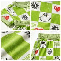Ensemble de vêtements décontractés pour filles Yunmao, 2 pièces, tenue de vacances, haut à manches courtes et short à carreaux avec imprimé Grinch, vêtements d'été pour enfants, Noël