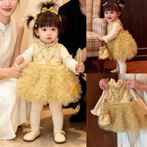 Tongxingyuan Chinese Style Winter Girls' Tutu Dress Long Sleeve Sweet Princess Baby Girl Dress Breathable Washable - Product Image 1