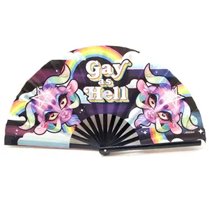 Büyük Clack büyük 33Cm özel Logo baskı Polyester saten bambu Fan gökkuşağı Gay Pride Fan