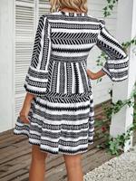 Robe mini décontractée pour femme, col en V, demi-fermeture, imprimé tribal géométrique, manches évasées 3/4, à volants, style babydoll