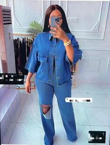 Abito Casual <span class=keywords><strong>da</strong></span> <span class=keywords><strong>donna</strong></span> in Denim due pezzi <span class=keywords><strong>camicia</strong></span> <span class=keywords><strong>di</strong></span> grandi dimensioni e <span class=keywords><strong>Jeans</strong></span> larghi a maniche corte per l'estate - Product Image 3