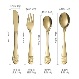 Ensemble de <span class=keywords><strong>couverts</strong></span> <span class=keywords><strong>en</strong></span> acier inoxydable rond noir doré mignon de dessin animé 4 pièces Ensemble moderne de couteau à dîner cuillère fourchette <span class=keywords><strong>pour</strong></span> bébés enfants - Product Image 4