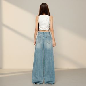Vaqueros de mezclilla azul claro desgastados y rasgados para mujer, de pierna ancha, estilo vintage, holgados, largos hasta el suelo, estilo Y2K, streetwear. - Product Image 2