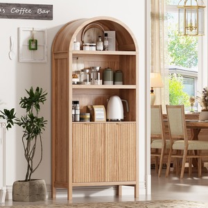 Armoire de rangement moderne en bois cannelé à arceaux hauts avec portes pour cuisine, salon et salle à manger - Product Image 1