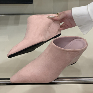 Sandalias de cuña de tacón alto para mujer, estilo europeo-americano, con punta, de ante, a la moda, para primavera y otoño, que aumentan la altura. - Product Image 2