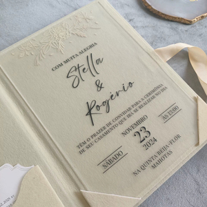 Cream Velvet <b>Wedding</b> Book Invite Emboss Floral Acrylic Custom Name <b>Ribbon</b> Luxury <b>Wedding</b> - Product Image 1