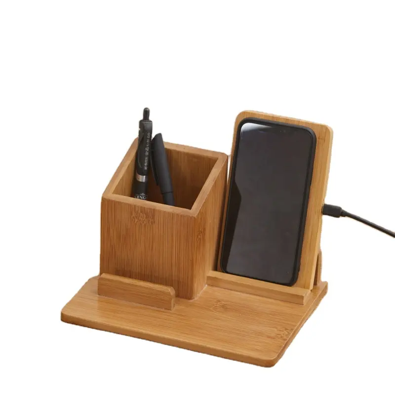 Carregador de caneta sem fio de bambu, carregador universal de celular, carga e armazenamento, organizador de mesa