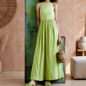 Robe vintage plissée mi-longue 100 % coton à manches cloche, taille haute, poches latérales, pour le quotidien, printemps-été, grandes tailles pour femme, cadeau pour elle - Product Image 2