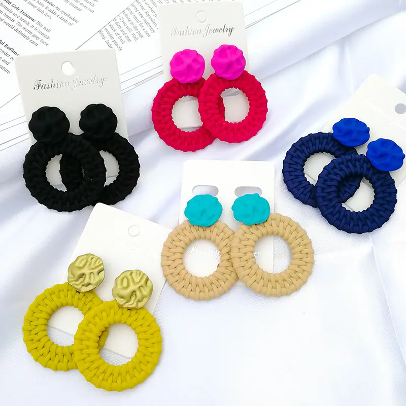 Bohemia Etnis Geometris Persegi Panjang Pernyataan Multiwarna Bulat Jerami Dikepang Berongga Hoop Rotan Akrilik Drop Earrings