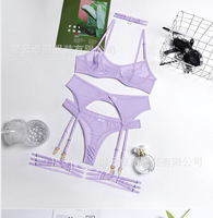 Ensemble de lingerie sexy trois points pour femme, en maille ajourée légère et confortable, avec effet amincissant, 4 pièces