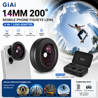 Adaptateur d'objectif pour téléphone portable GiAi 4-en-1, objectif fisheye 14 mm, grand angle 200°, verre optique, mise au point manuelle, objectif d'appareil photo certifié CE/FCC/RoHS