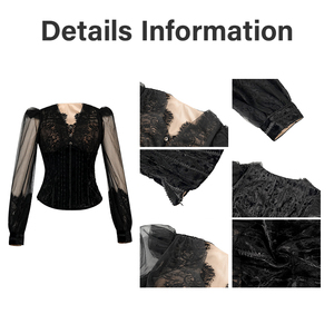 ZYHT 21907 Siyah Dantel Kadife Günlük Dokuma Pileli Korse Üst Şeffaf Organze Çan Kol V Yaka Düğmeli Uzun Kollu Kadın Bluzu - Product Image 4