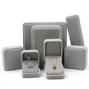 Boîtes de présentation rigides en velours gris de luxe pour bagues, organisateur rectangulaire, emballage de marque privée, boîte à bijoux - Product Image 1