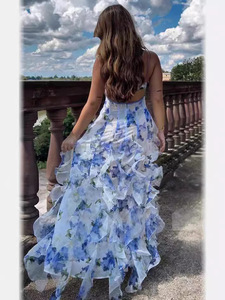 Chic Ladies Beachwear Backless <strong>Long</strong> <strong>Slip</strong> Dress Latest Blue Floral Print Chiffon Dress - Product Image 4