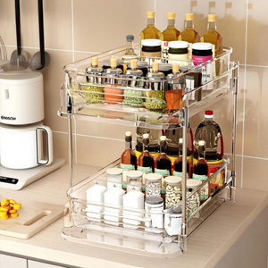 Organiseurs coulissants sous l'évier, étagère de rangement en plastique transparent à <span class=keywords><strong>2</strong></span> niveaux avec séparateurs réglables pour garde-manger - Product Image 4