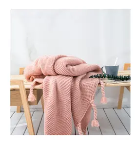 PLFR Comfortable acrylic farmhouse tassel knit chunky yarn blanket throw