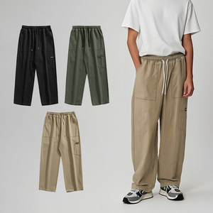 Pantalons de randonnée décontractés pour hommes en coton tricoté respirant à taille mi-haute, jambes larges, double poche cargo, vente en gros - Product Image 1