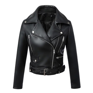 Nueva Chaqueta de Piel Sintética para <span class=keywords><strong>Mujer</strong></span> Otoño Invierno Negra con Cremallera Abrigo Básico Cuello Vuelto Chaqueta de Motociclista con Cinturón - Product Image 1