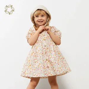 Kids Basics Puff Sleeve Dress Organic Cotton Girl Dresses Print Custom Spring Dress Summer Girl Skirt