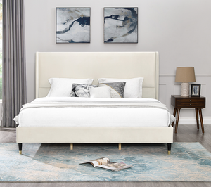 Beige Velvet Modern Adjustable <b>Convertible</b> Wingback Platform Soft <b>Bed</b> King - Product Image 2