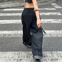 Jean Boyfriend Oversize en Denim Uni Tissé Respirant Écologique Coupe-Vent Délavé Foncé Taille Basse Coupe Ample Courbé Automne Simple