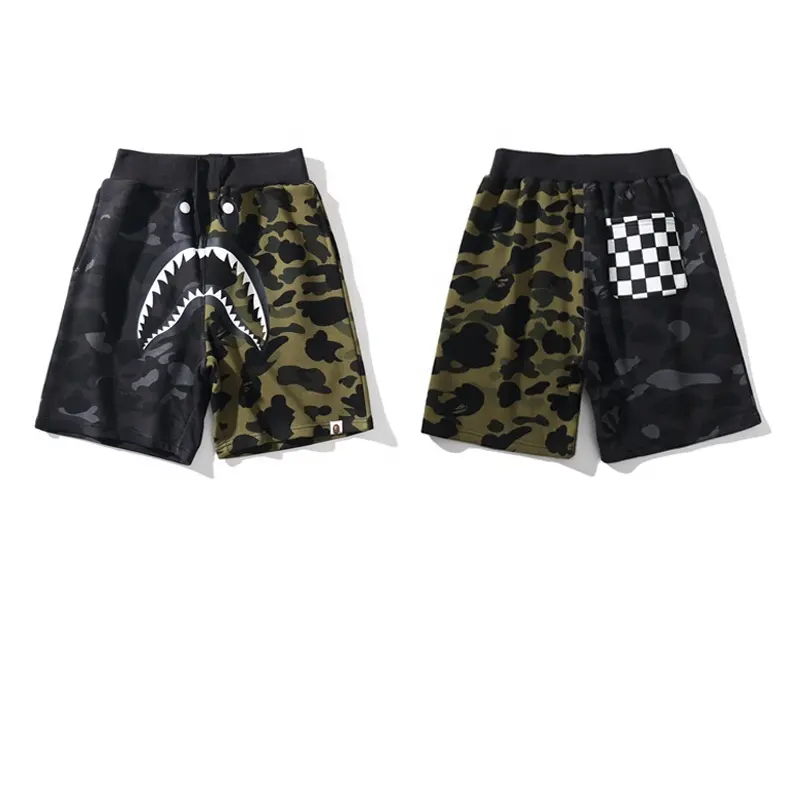 bape shark dark black and green color matching shorts couple wear men and women casual cotton jogging fitness pants beach pants