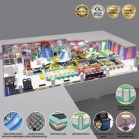 Équipement de terrain de jeux intérieur commercial PAGODA, structure d'escalade avec trois toboggans bleus, tour en forme de baril, toboggan spiralé, bac à sable pour enfants FEC