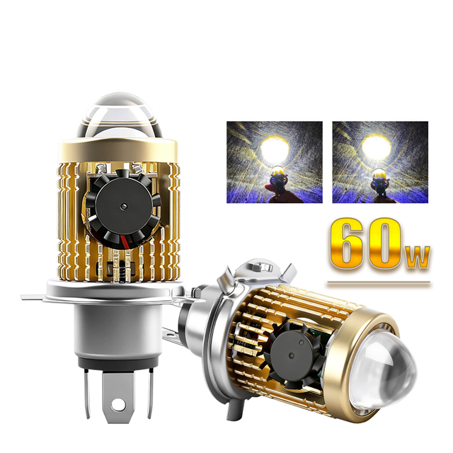 60W H4 LED Motorcycle Headlight Bulb High Low Beam White Blue Dual Color with Cooling Fan Lens for Scooter ATV Driving Fog Light