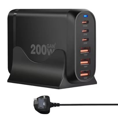 USB C Charger 200W Type C PD 100W GaN Fast Charging Multiple 6 Ports Desktop Charger Station for IPh IPa Laptop Camera