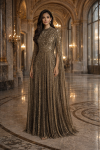 فستان سهرة فاخر بأكمام طويلة مزين بالخرز على شكل حورية البحر مع كريستال وزهور لحفلات السهرة - Product Image 2