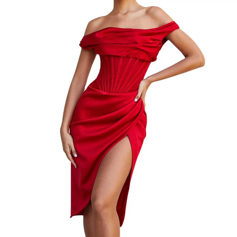 Wholesale New fashion Lady's Red Off Shoulder Sexy Corset Midi Dresses Elegant Party Women Satin Dress